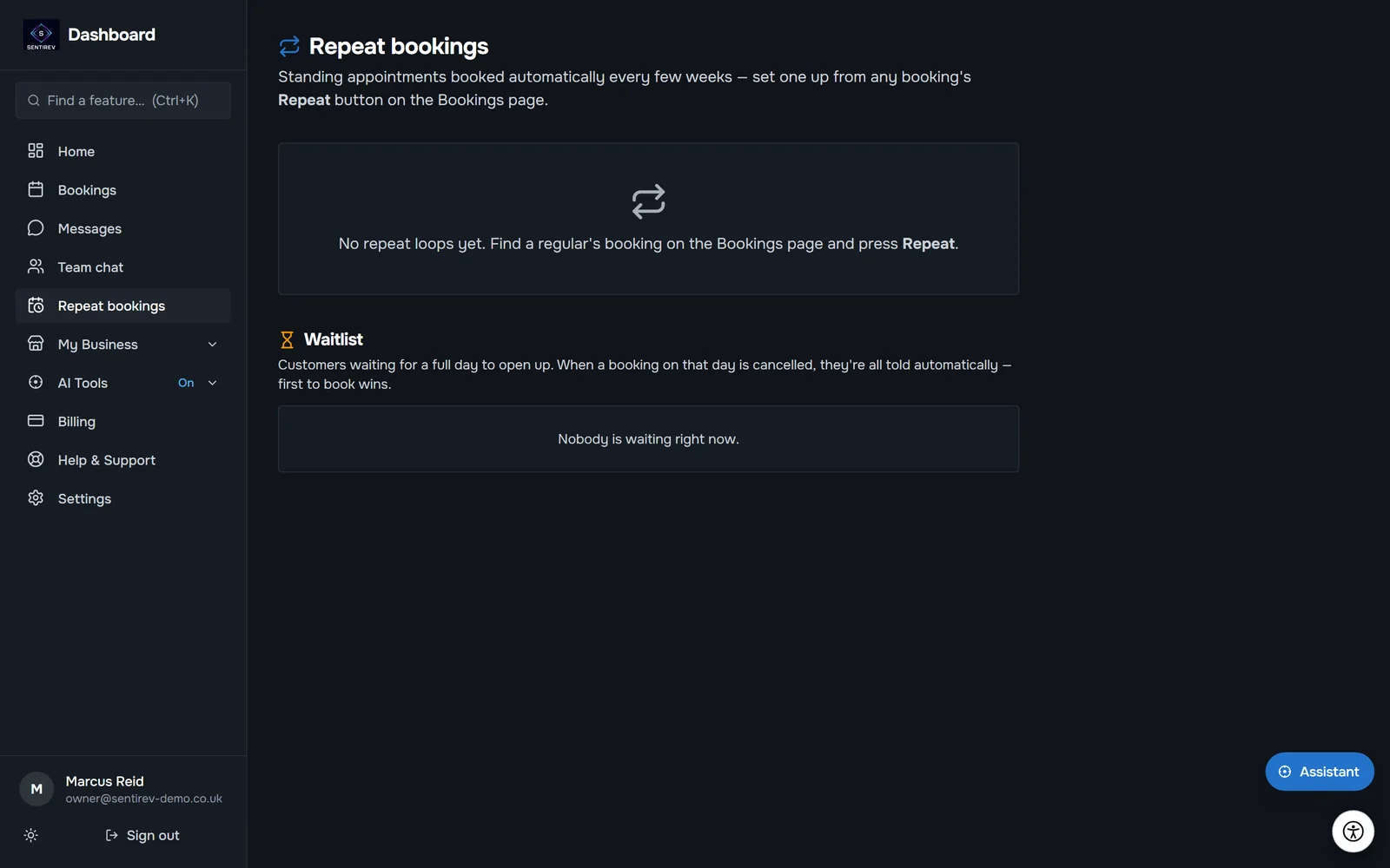 Repeat bookings and waitlist in SENTIREV