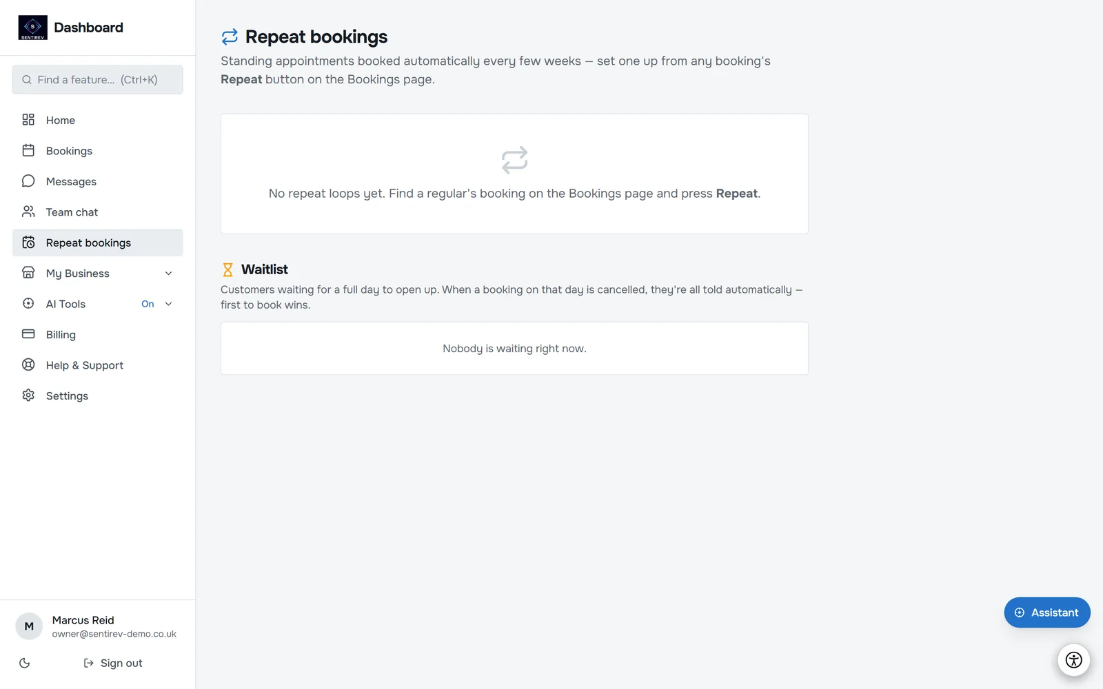 Repeat bookings and waitlist in SENTIREV